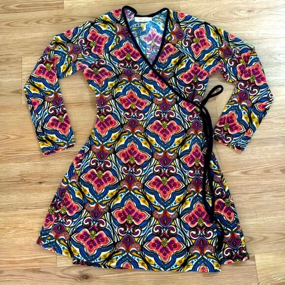 Aryeh Women's Wrap Geometric Print Dress Large Multicolored Hippie Fall Boho - Picture 1 of 6